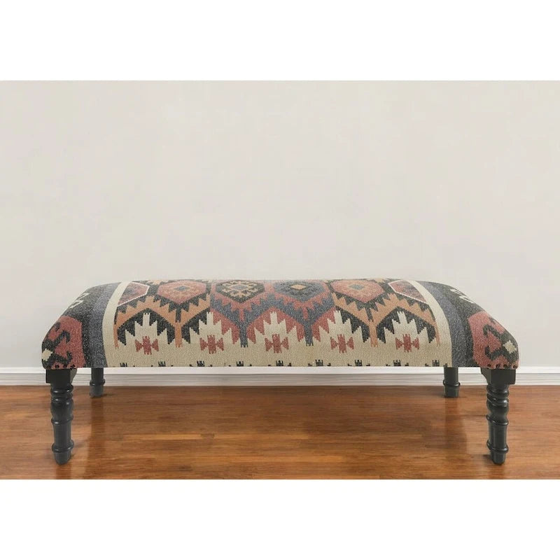 Banc vieilli d'inspiration sud-ouest en mélange de jute et de laine, couleurs beige-brun, rouille et noir - 47 x 18 x 16