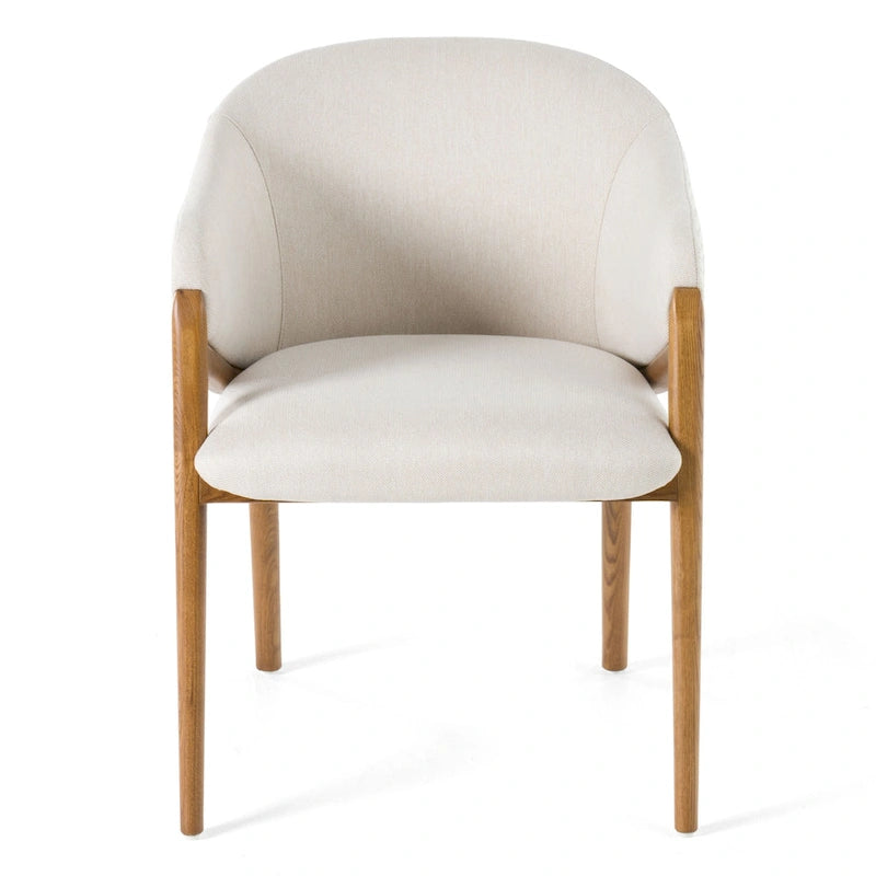 Chaise de salle à manger avec accoudoirs en tissu crème, cuir végétalien crème et noyer