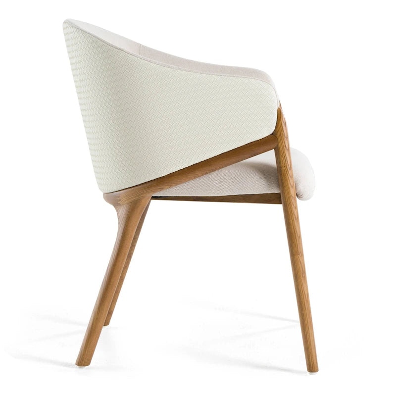 Chaise de salle à manger avec accoudoirs en tissu crème, cuir végétalien crème et noyer