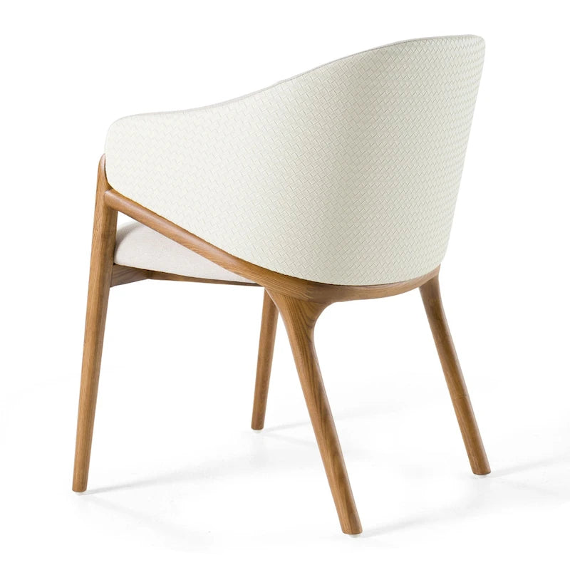 Chaise de salle à manger avec accoudoirs en tissu crème, cuir végétalien crème et noyer