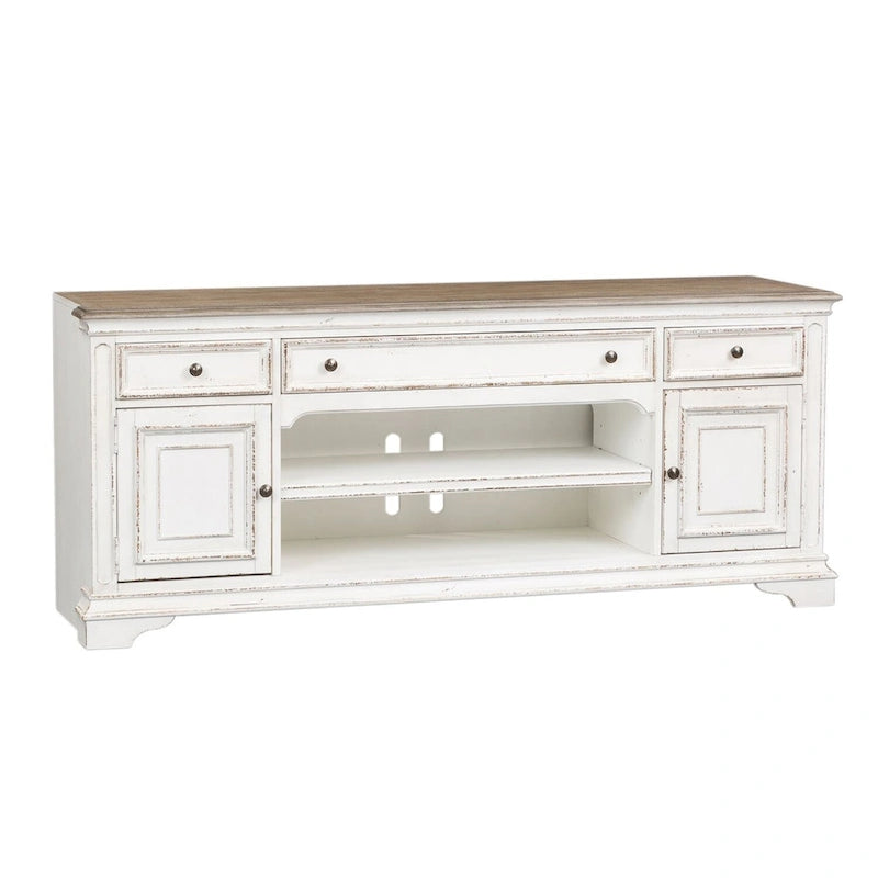 Meuble TV de divertissement Magnolia Manor blanc antique et écorce vieillie - 73 po de large