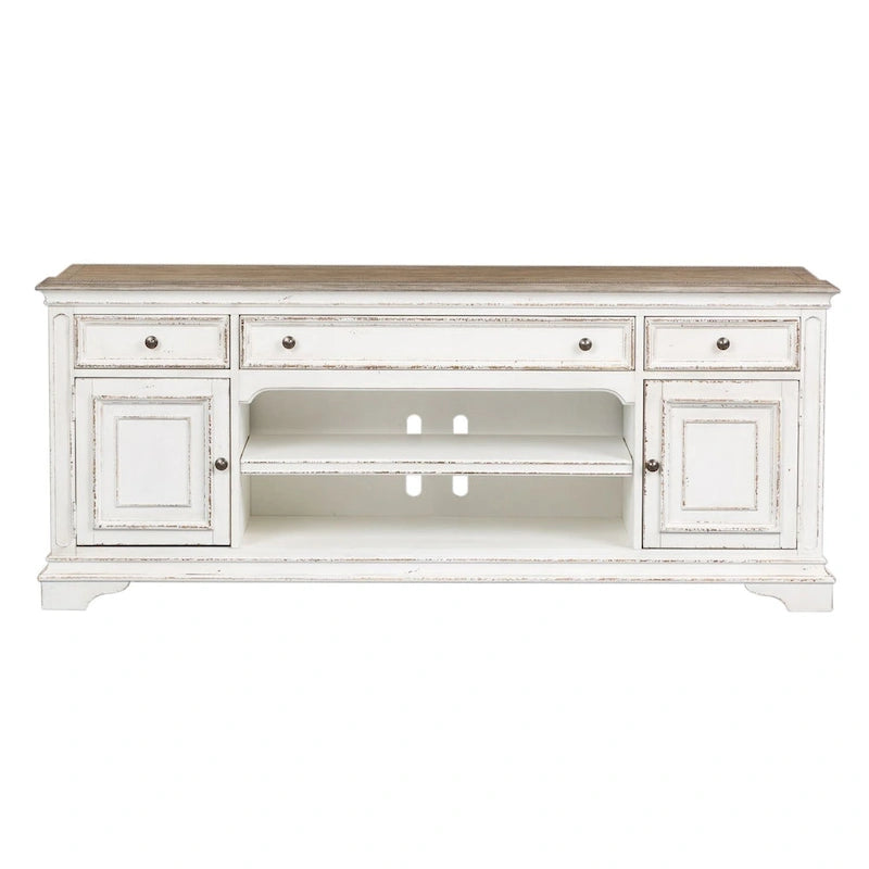 Meuble TV de divertissement Magnolia Manor blanc antique et écorce vieillie - 73 po de large
