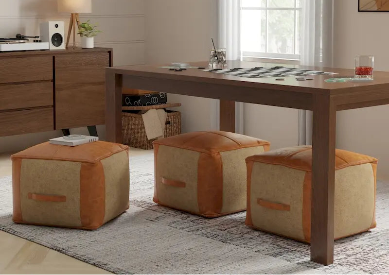 Pouf carré bohème en cuir véritable camel