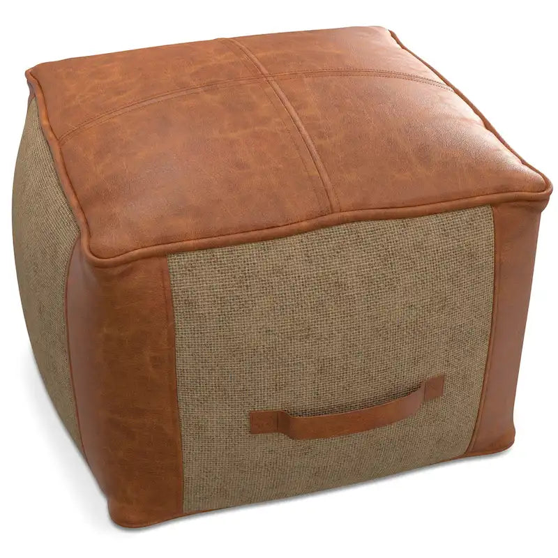 Pouf carré bohème en cuir véritable camel