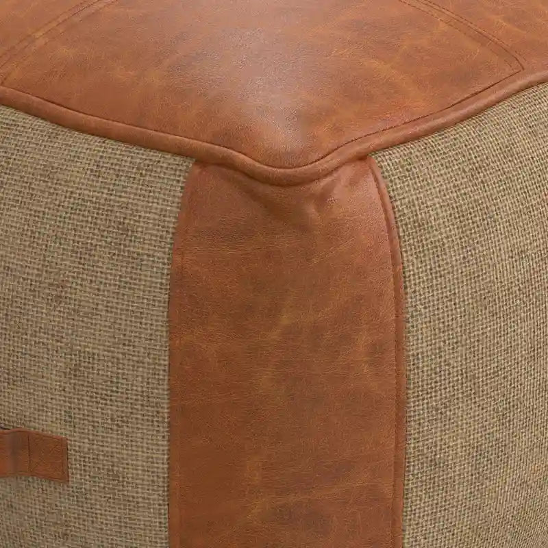 Pouf carré bohème en cuir véritable camel