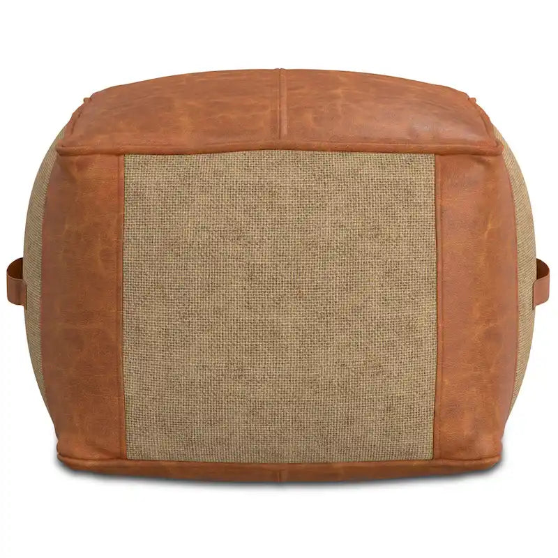 Pouf carré bohème en cuir véritable camel