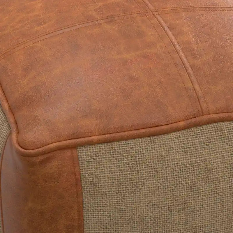 Pouf carré bohème en cuir véritable camel