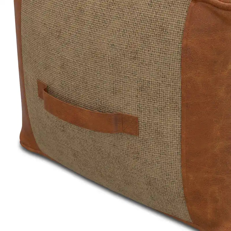 Pouf carré bohème en cuir véritable camel