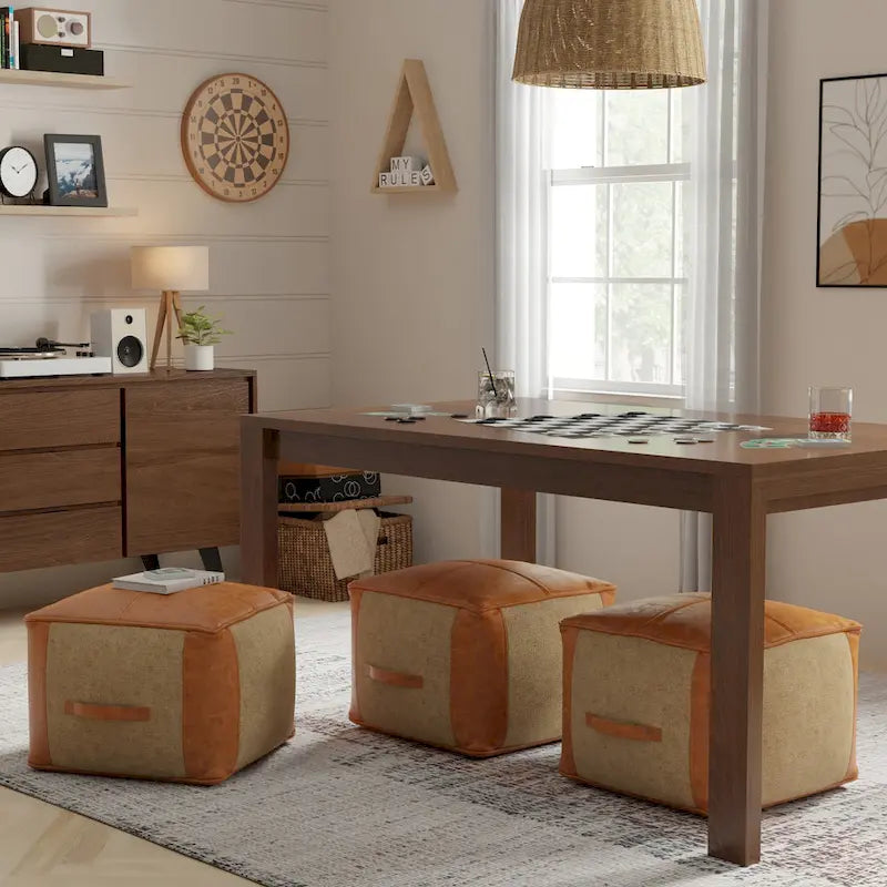 Pouf carré bohème en cuir véritable camel