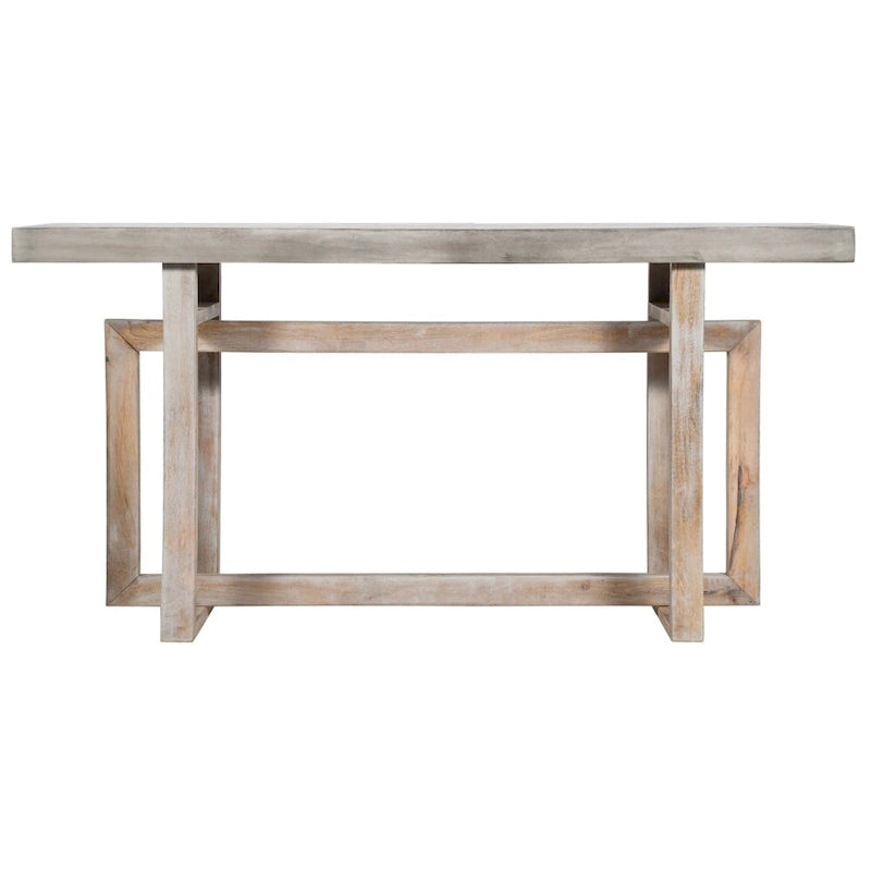 Console de style rustique de 150 cm fabriquée à la main avec base géométrique imbriquée, marron clair rustique