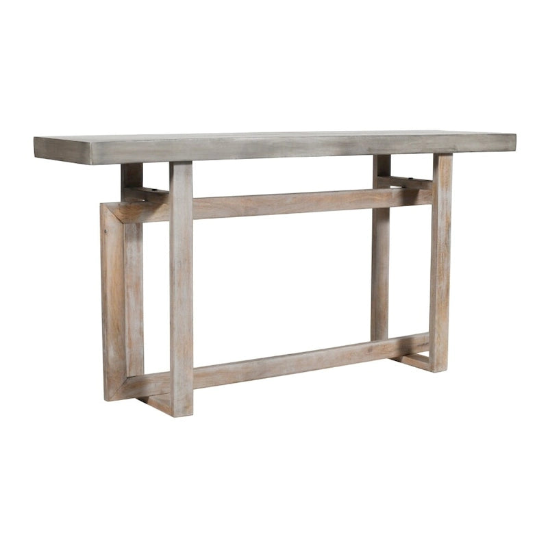 Console de style rustique de 150 cm fabriquée à la main avec base géométrique imbriquée, marron clair rustique