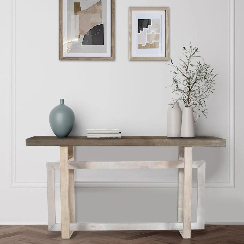 Console de style rustique de 150 cm fabriquée à la main avec base géométrique imbriquée, marron clair rustique