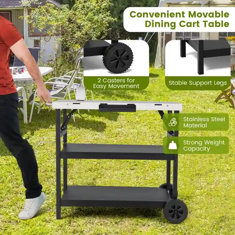 Chariot d'extérieur pliable à 3 niveaux sur 2 roues avec support de téléphone - Noir - 42 x 20,5 x 33 (L x l x H)