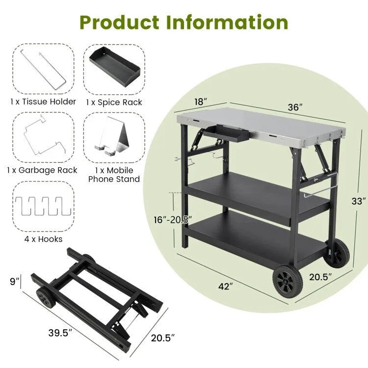 Chariot d'extérieur pliable à 3 niveaux sur 2 roues avec support de téléphone - Noir - 42 x 20,5 x 33 (L x l x H)