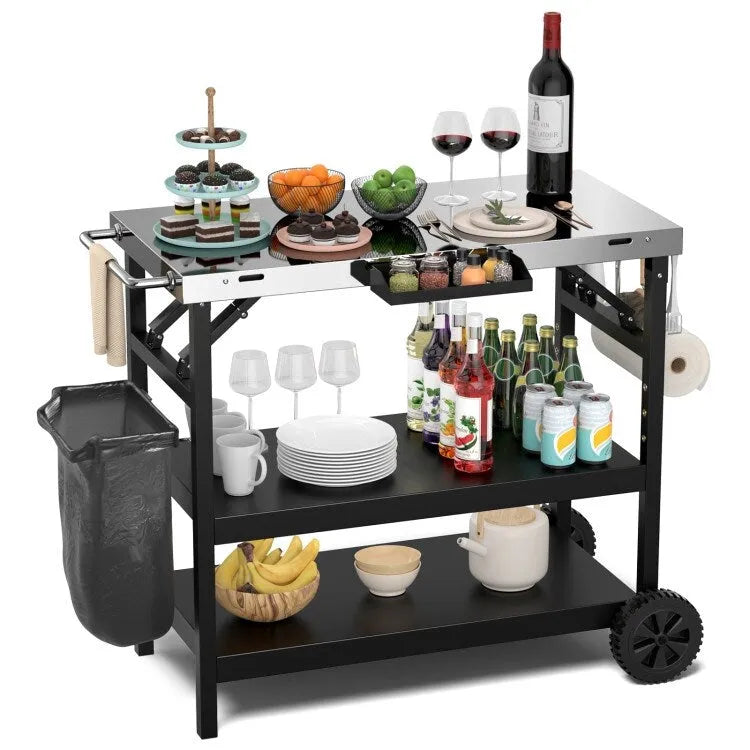 Chariot d'extérieur pliable à 3 niveaux sur 2 roues avec support de téléphone - Noir - 42 x 20,5 x 33 (L x l x H)