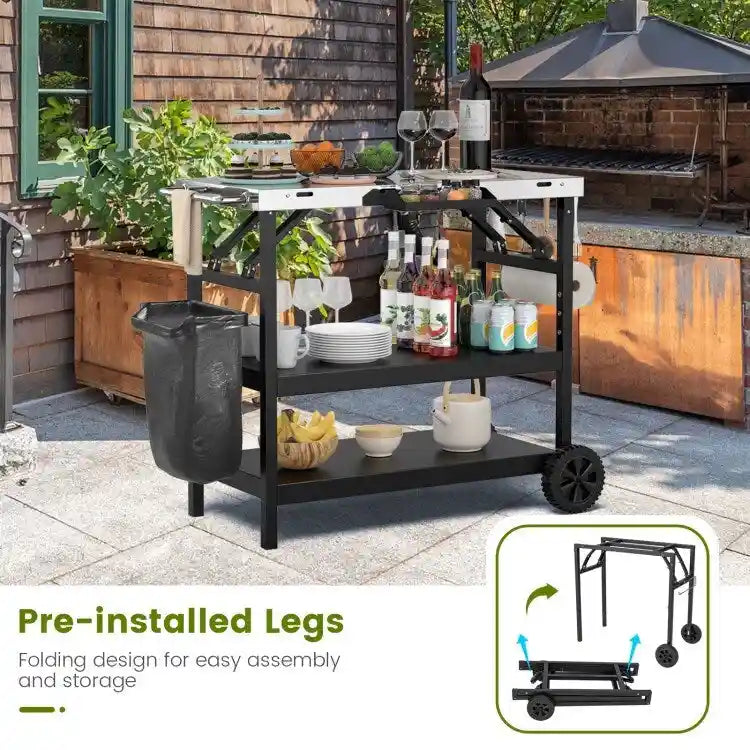 Chariot d'extérieur pliable à 3 niveaux sur 2 roues avec support de téléphone - Noir - 42 x 20,5 x 33 (L x l x H)