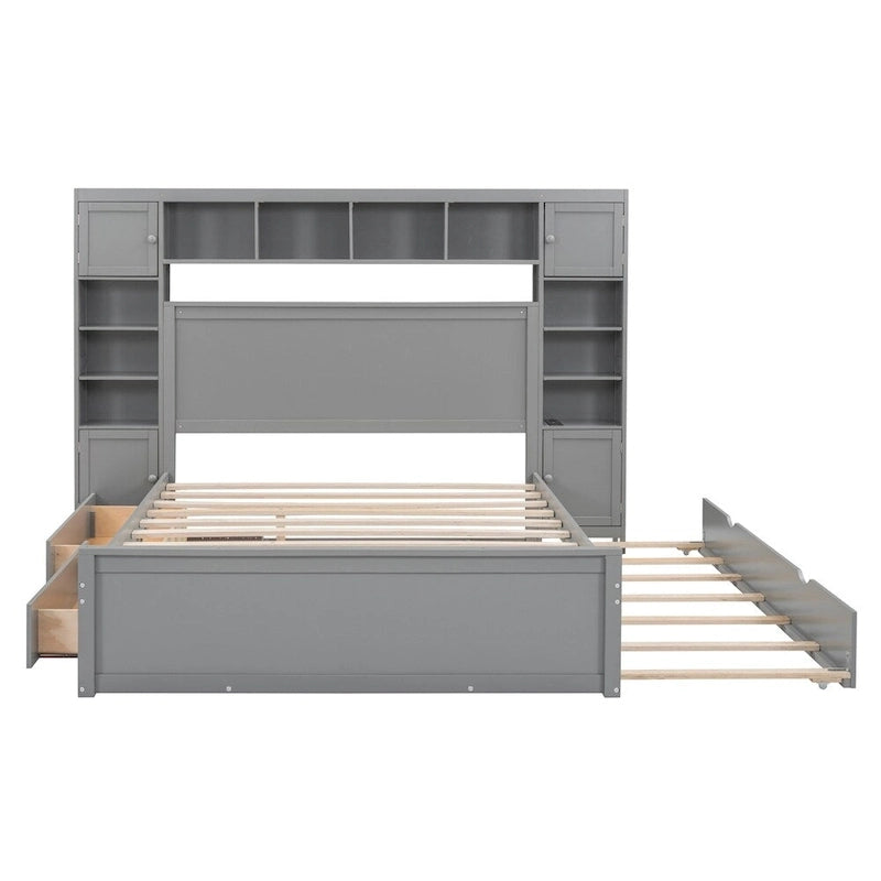 Lit Queen Size en Bois avec Rangement Tout-en-un, Étagère et Prises