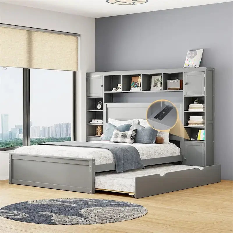 Lit Queen Size en Bois avec Rangement Tout-en-un, Étagère et Prises