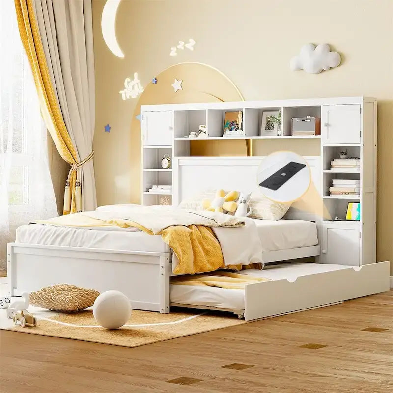Lit Queen Size en Bois avec Rangement Tout-en-un, Étagère et Prises