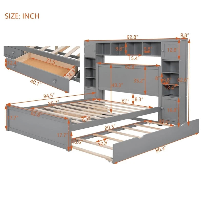 Lit Queen Size en Bois avec Rangement Tout-en-un, Étagère et Prises