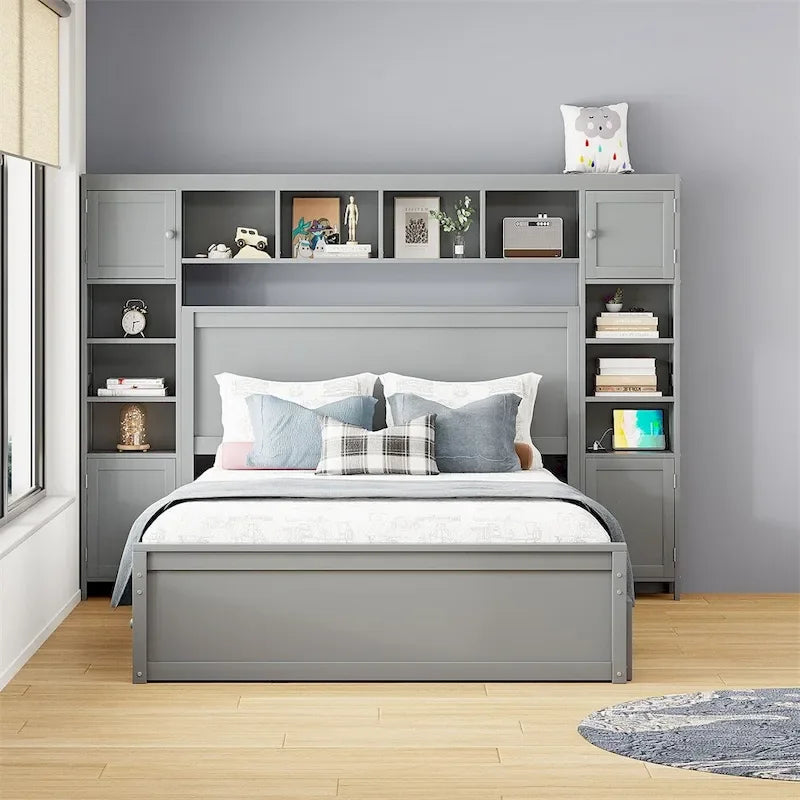 Lit Queen Size en Bois avec Rangement Tout-en-un, Étagère et Prises