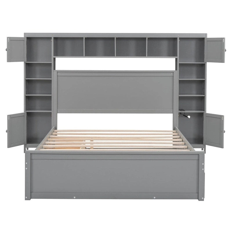 Lit Queen Size en Bois avec Rangement Tout-en-un, Étagère et Prises