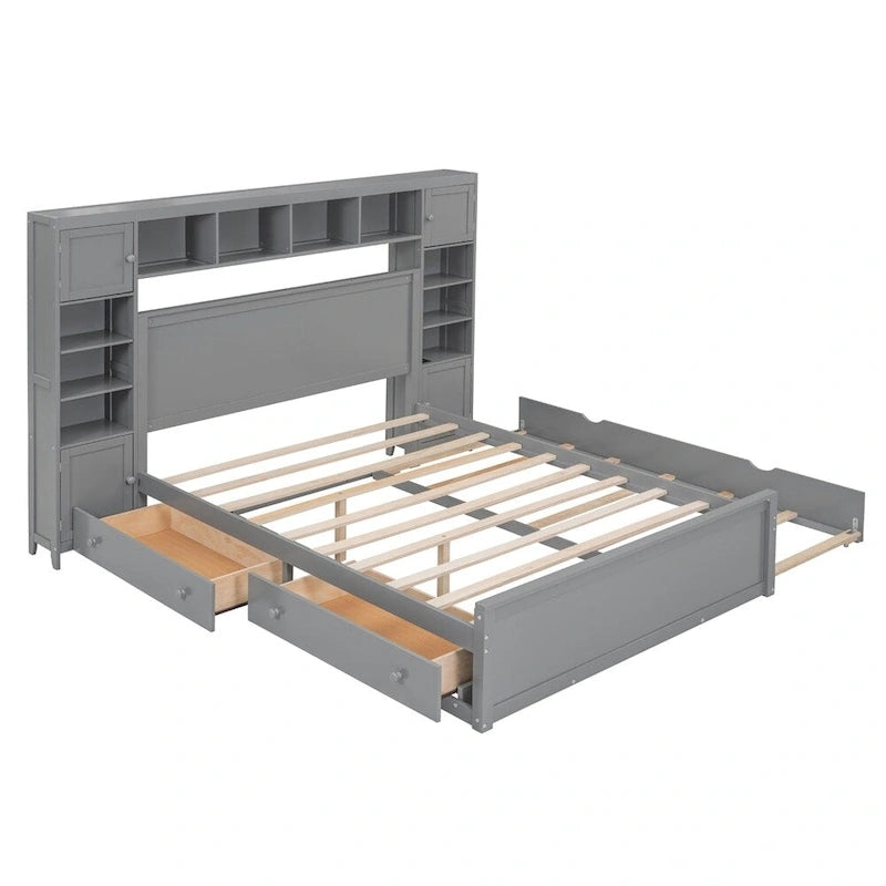 Lit Queen Size en Bois avec Rangement Tout-en-un, Étagère et Prises