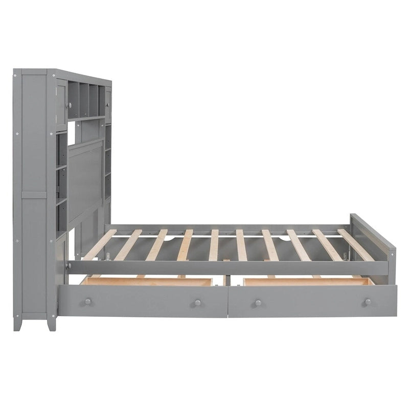Lit Queen Size en Bois avec Rangement Tout-en-un, Étagère et Prises