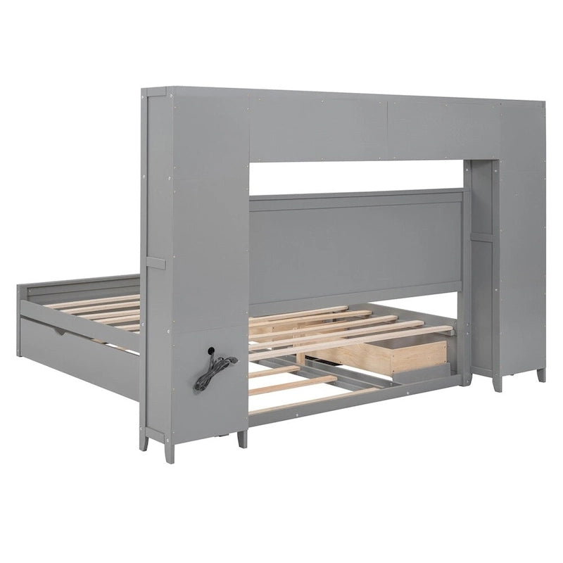 Lit Queen Size en Bois avec Rangement Tout-en-un, Étagère et Prises