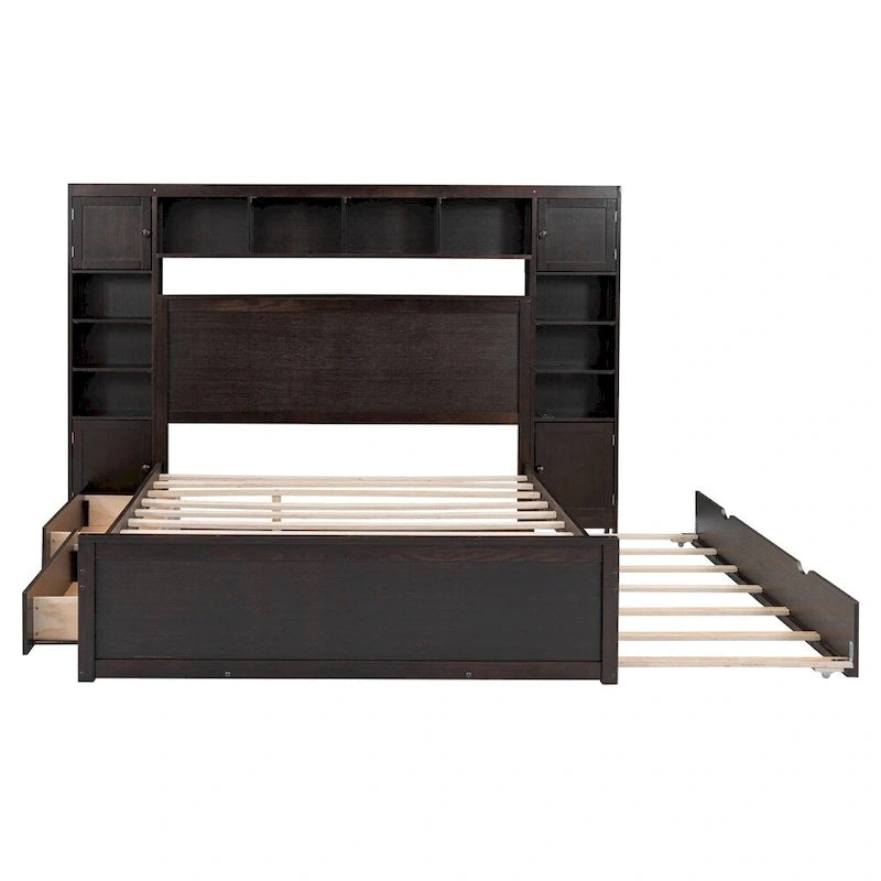 Lit Queen Size en Bois avec Rangement Tout-en-un, Étagère et Prises
