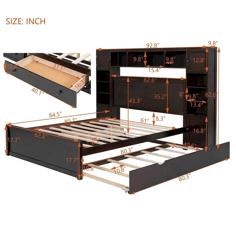 Lit Queen Size en Bois avec Rangement Tout-en-un, Étagère et Prises