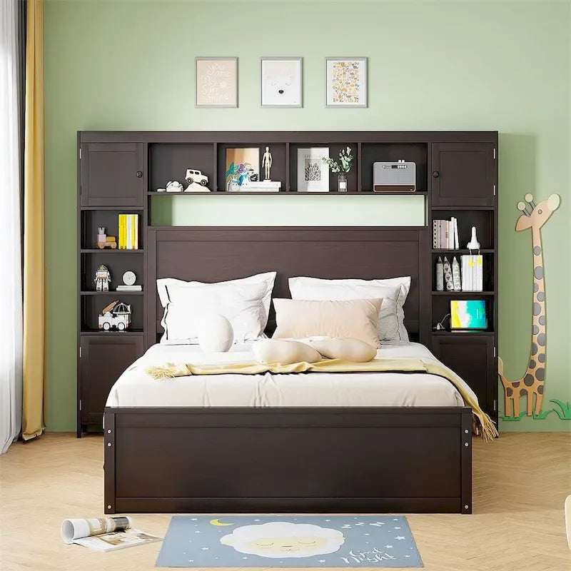 Lit Queen Size en Bois avec Rangement Tout-en-un, Étagère et Prises