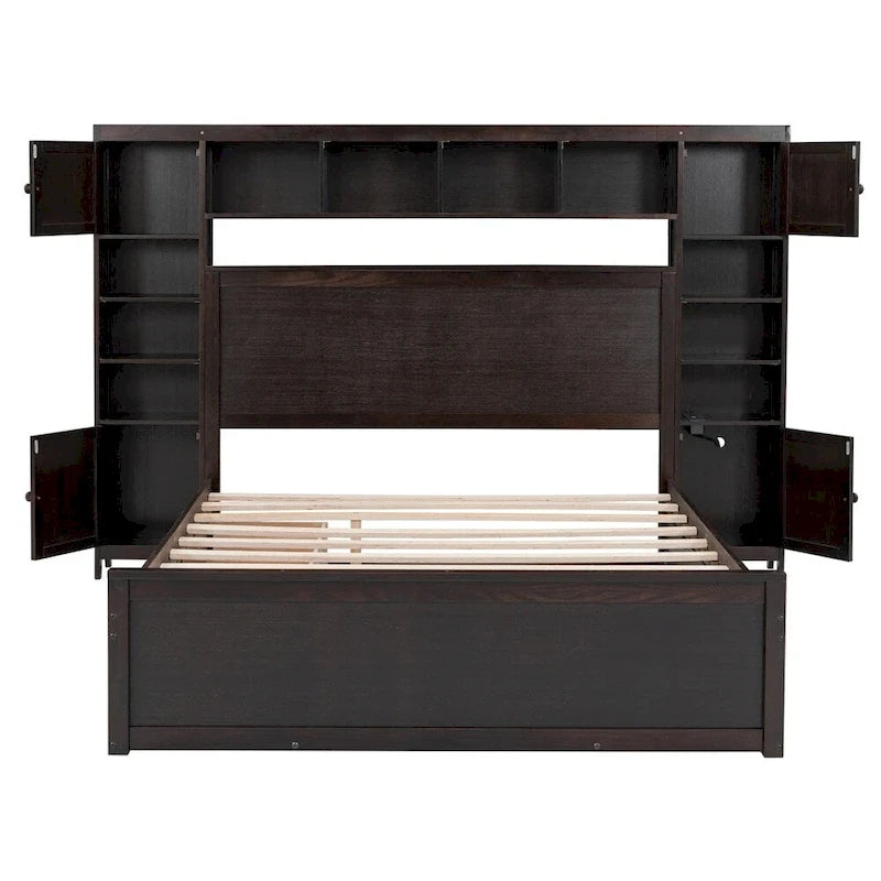 Lit Queen Size en Bois avec Rangement Tout-en-un, Étagère et Prises