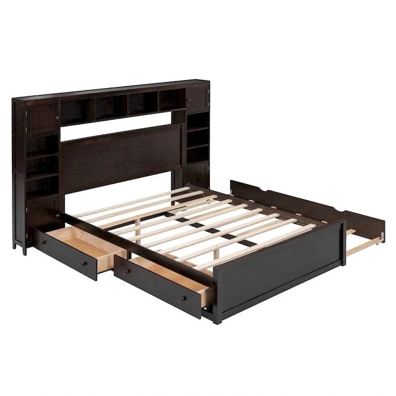 Lit Queen Size en Bois avec Rangement Tout-en-un, Étagère et Prises