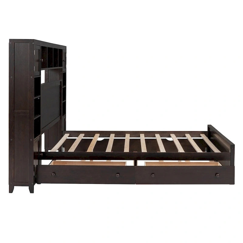 Lit Queen Size en Bois avec Rangement Tout-en-un, Étagère et Prises