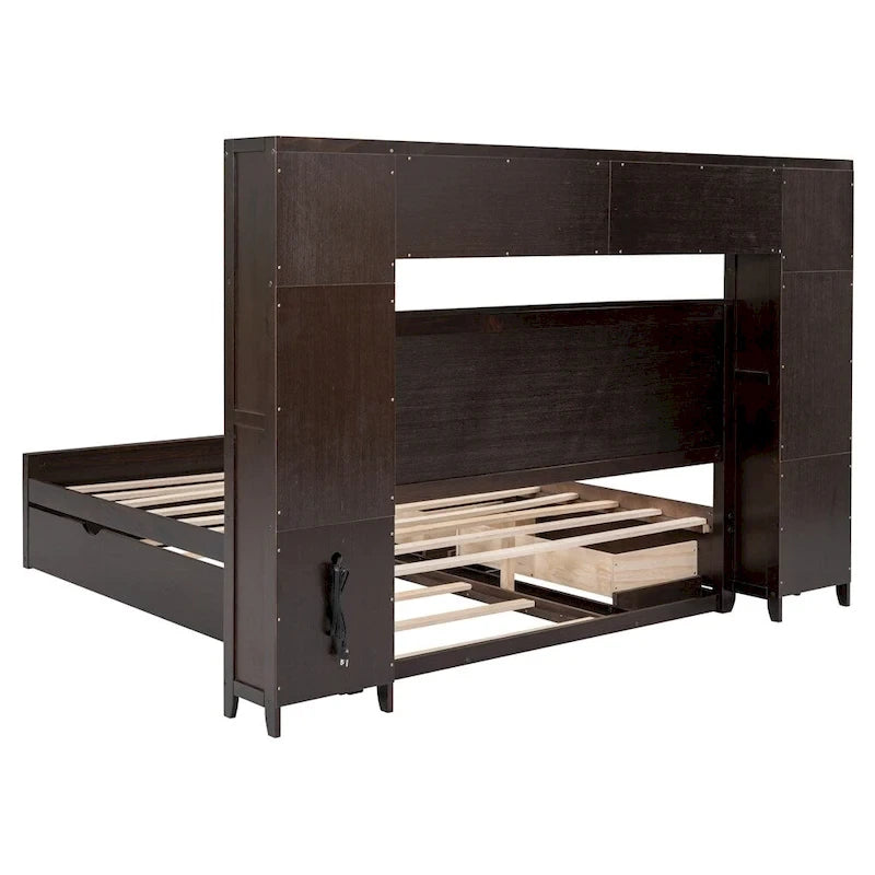 Lit Queen Size en Bois avec Rangement Tout-en-un, Étagère et Prises