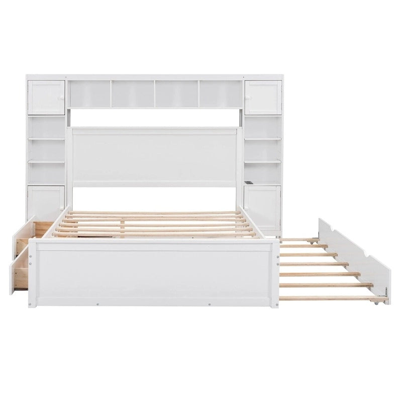 Lit Queen Size en Bois avec Rangement Tout-en-un, Étagère et Prises