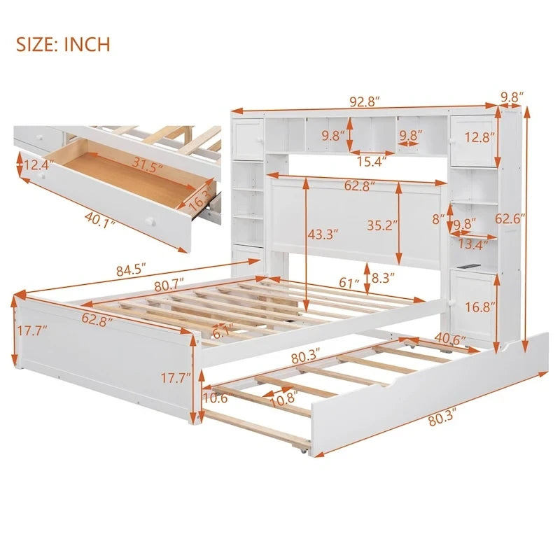 Lit Queen Size en Bois avec Rangement Tout-en-un, Étagère et Prises