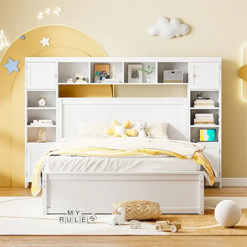 Lit Queen Size en Bois avec Rangement Tout-en-un, Étagère et Prises