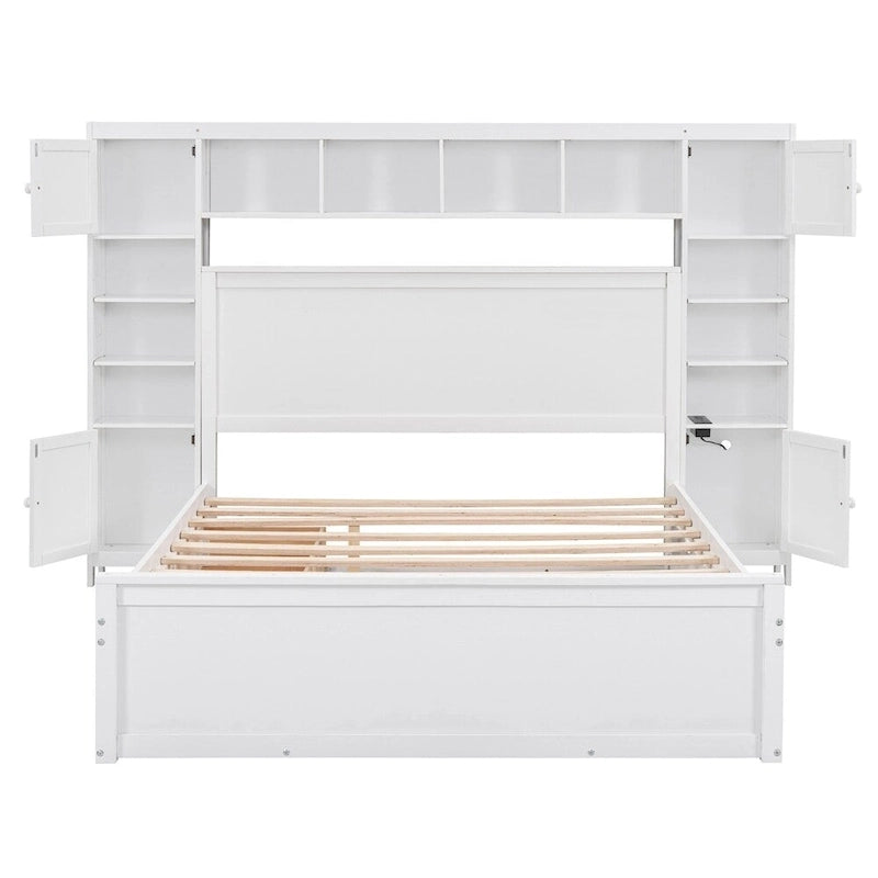 Lit Queen Size en Bois avec Rangement Tout-en-un, Étagère et Prises
