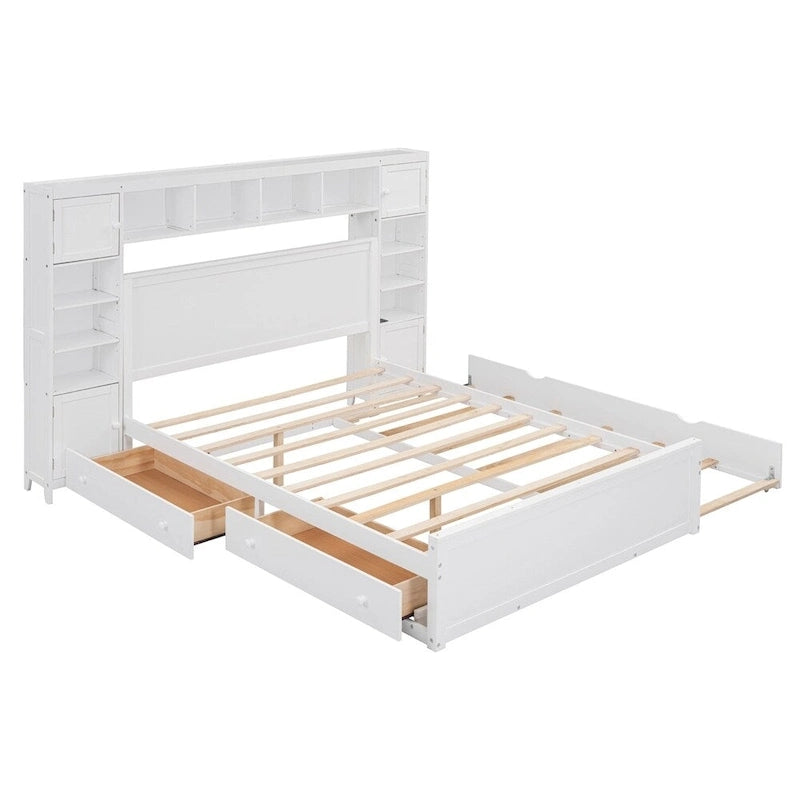Lit Queen Size en Bois avec Rangement Tout-en-un, Étagère et Prises