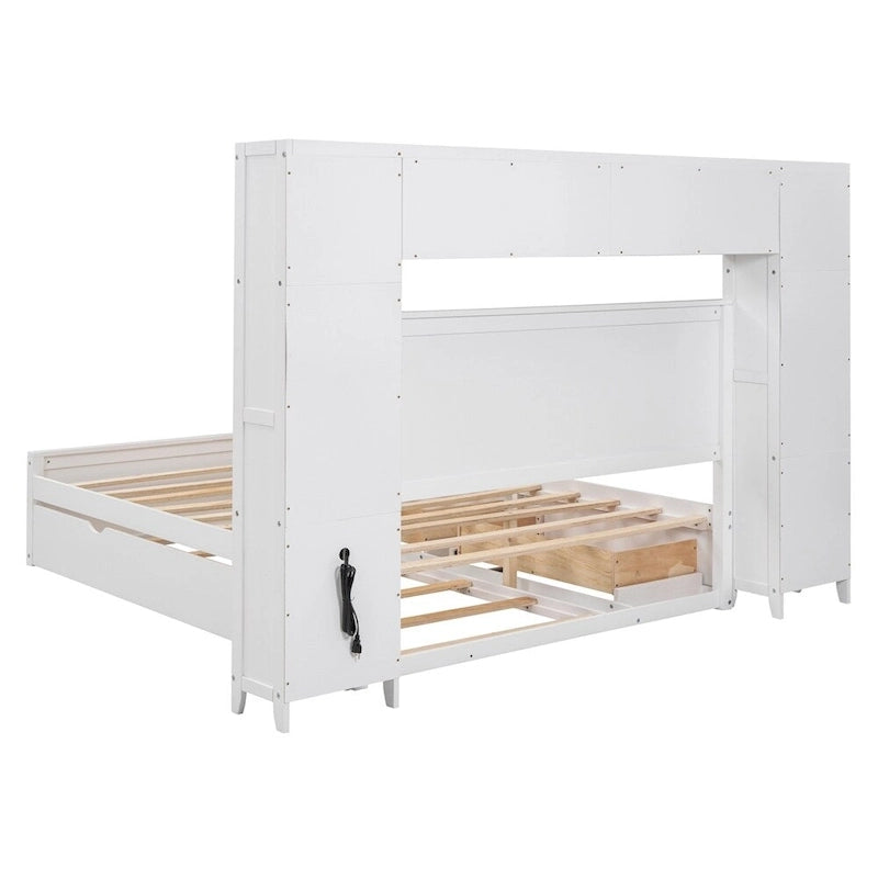 Lit Queen Size en Bois avec Rangement Tout-en-un, Étagère et Prises