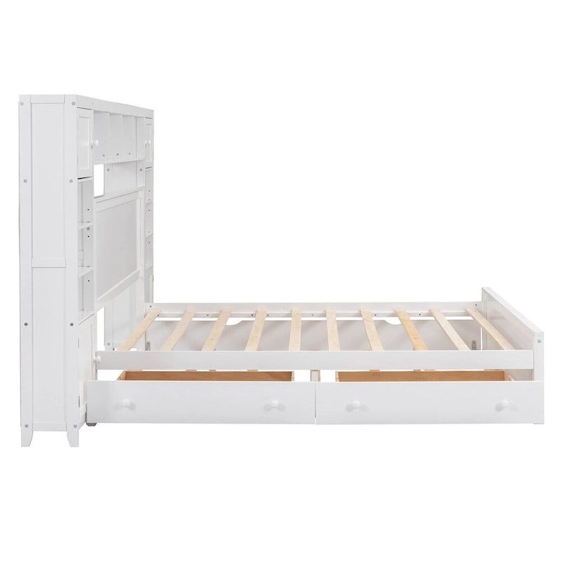 Lit Queen Size en Bois avec Rangement Tout-en-un, Étagère et Prises