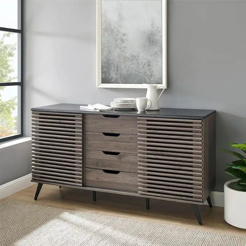 Meuble de rangement moderne avec buffet, meuble TV, 4 tiroirs et 2 portes coulissantes de 150 cm
