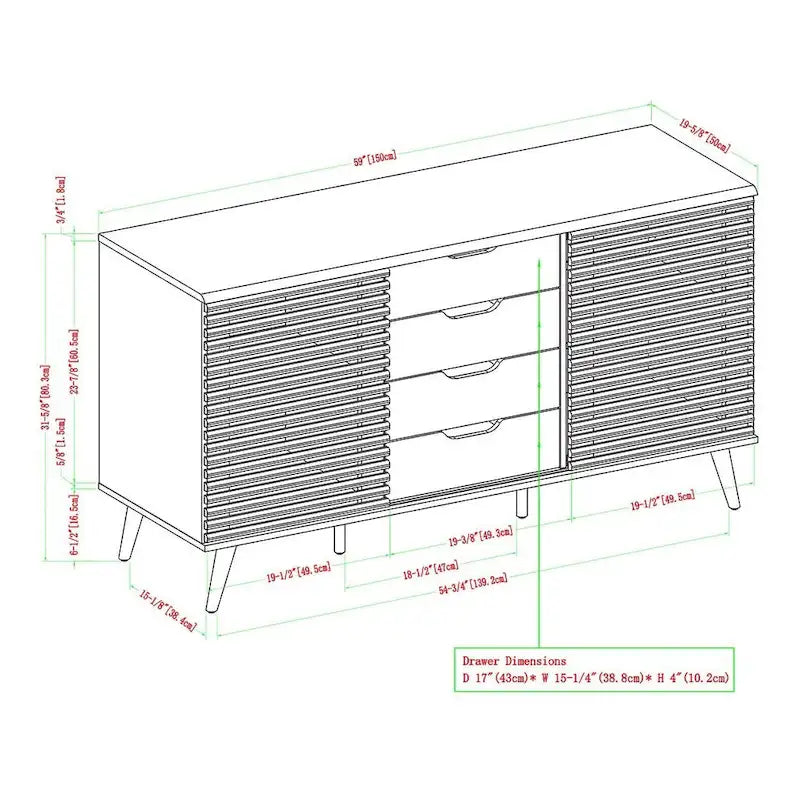 Meuble de rangement moderne avec buffet, meuble TV, 4 tiroirs et 2 portes coulissantes de 150 cm
