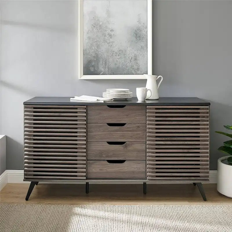 Meuble de rangement moderne avec buffet, meuble TV, 4 tiroirs et 2 portes coulissantes de 150 cm