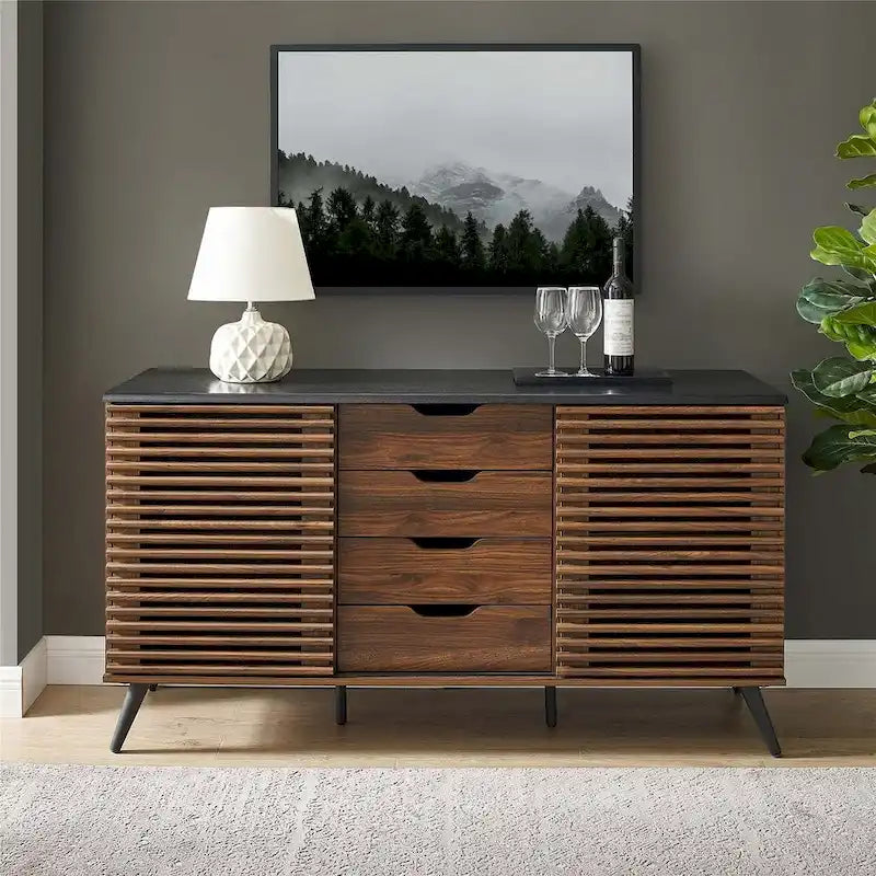 Meuble de rangement moderne avec buffet, meuble TV, 4 tiroirs et 2 portes coulissantes de 150 cm