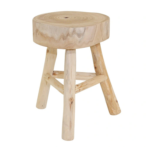 Tabouret en bois de 16 po avec plateau rond à bord vif et repose-pieds triangulaire, finition naturelle. Parfait pour un supplément de