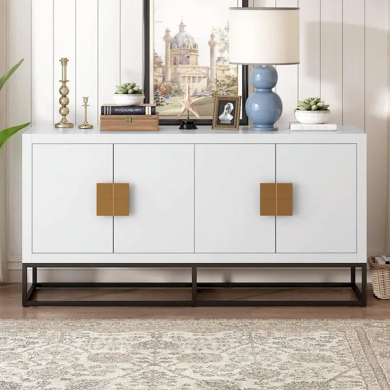 Meuble de rangement luxueux avec pieds de support uniques et étagères réglables