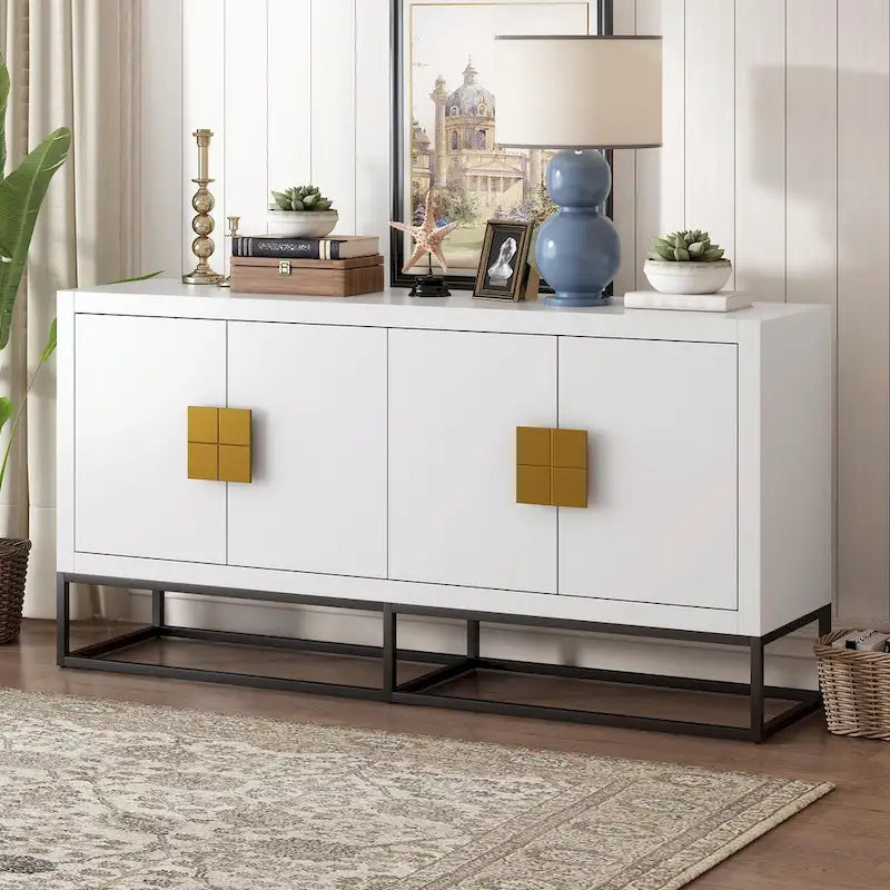 Meuble de rangement luxueux avec pieds de support uniques et étagères réglables